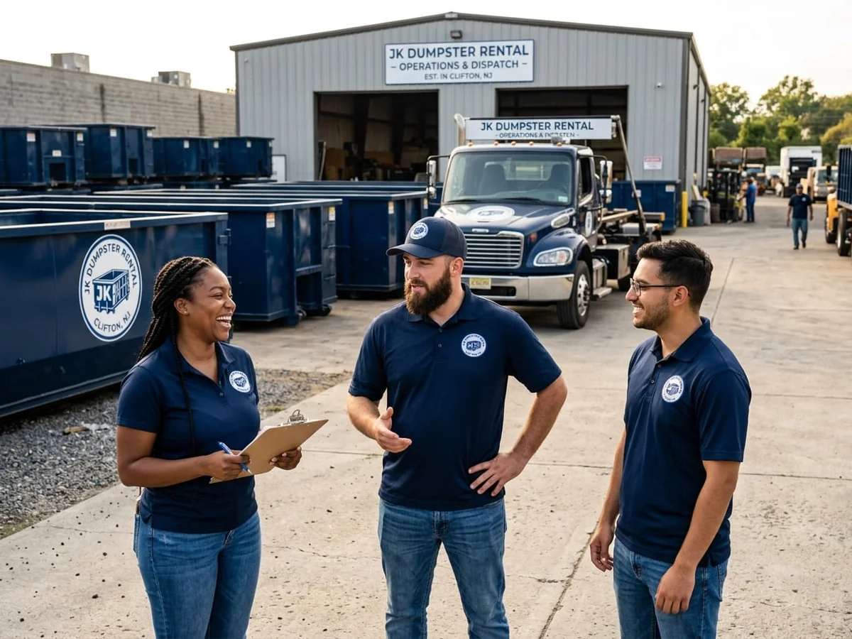 Speaking with the JK Dumpster Rental team beside a roll-off container