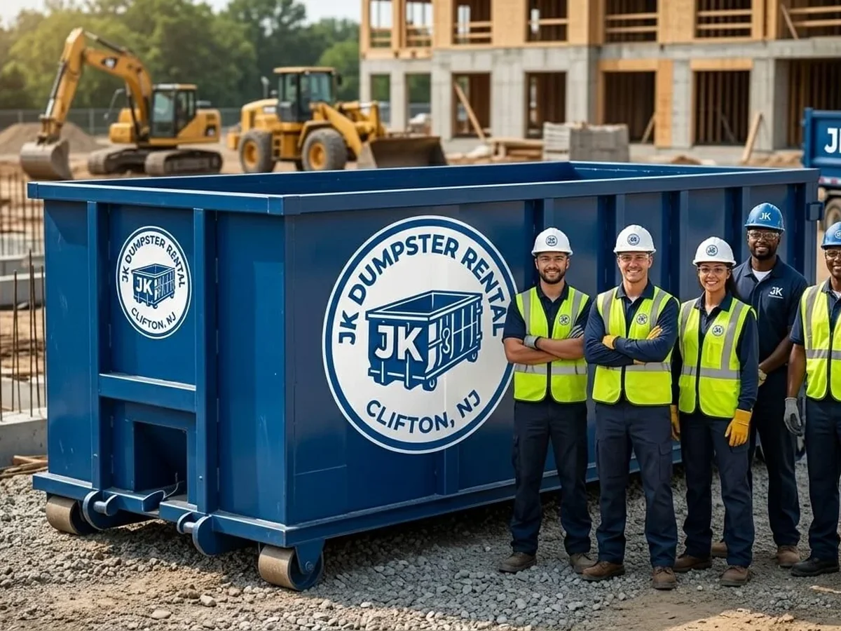 JK Dumpster Rental crew answering questions beside a roll-off container