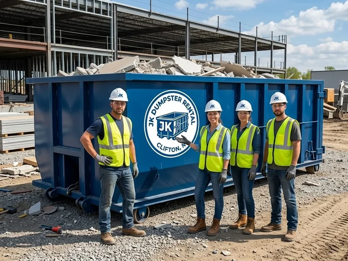 JK Dumpster Rental roll-off truck delivering a container in Clifton, NJ